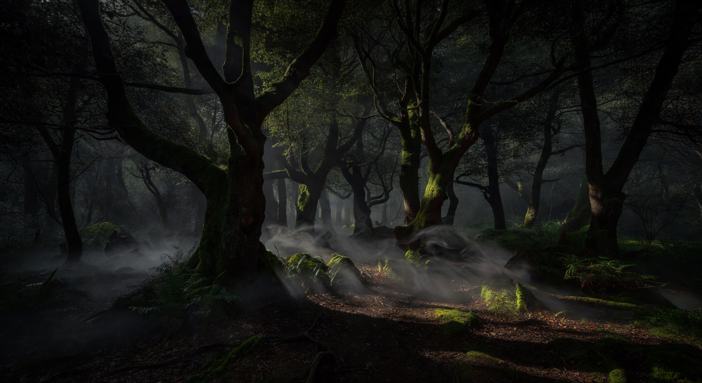 Dark mysterious forest background with subtle fog